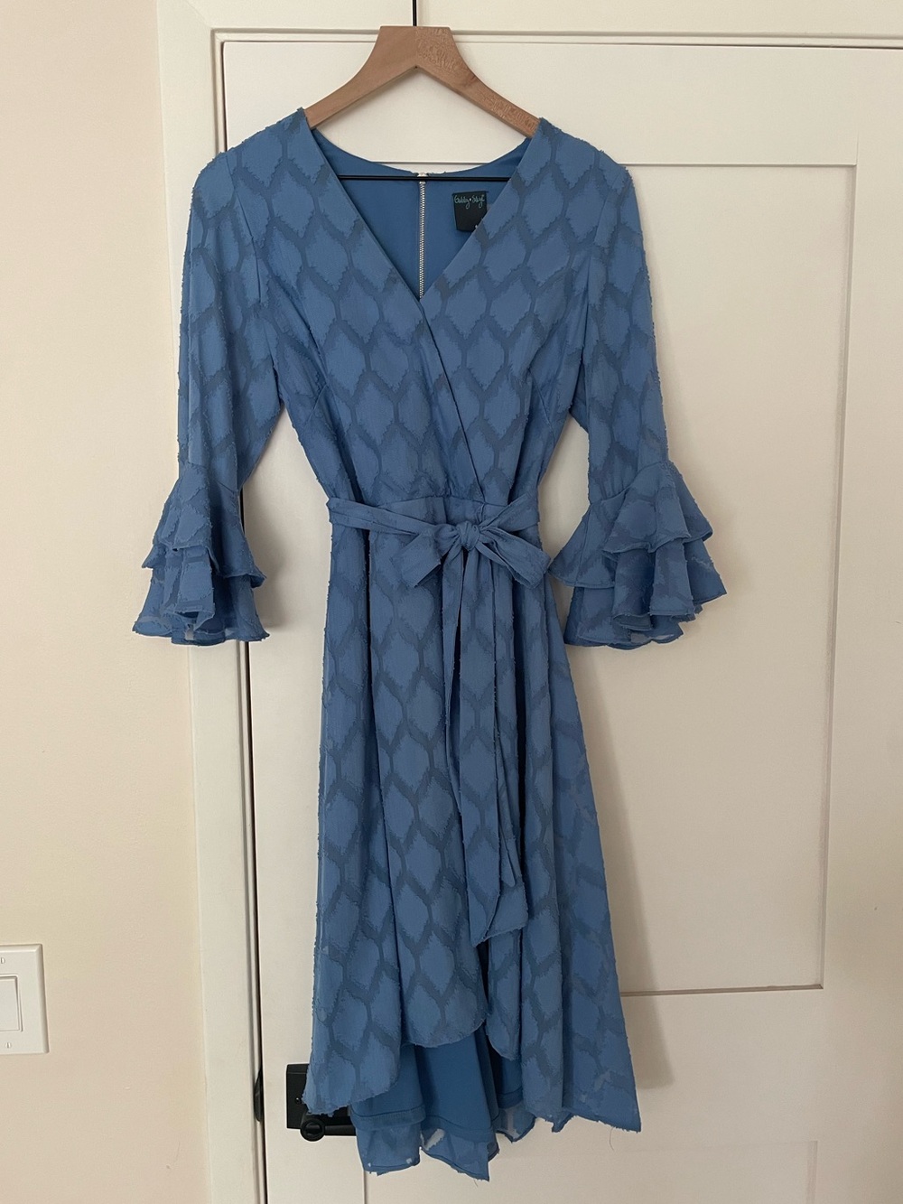 Gabby Skye Dusty Blue Wrap Midi Dress with Ruffle Sleeves